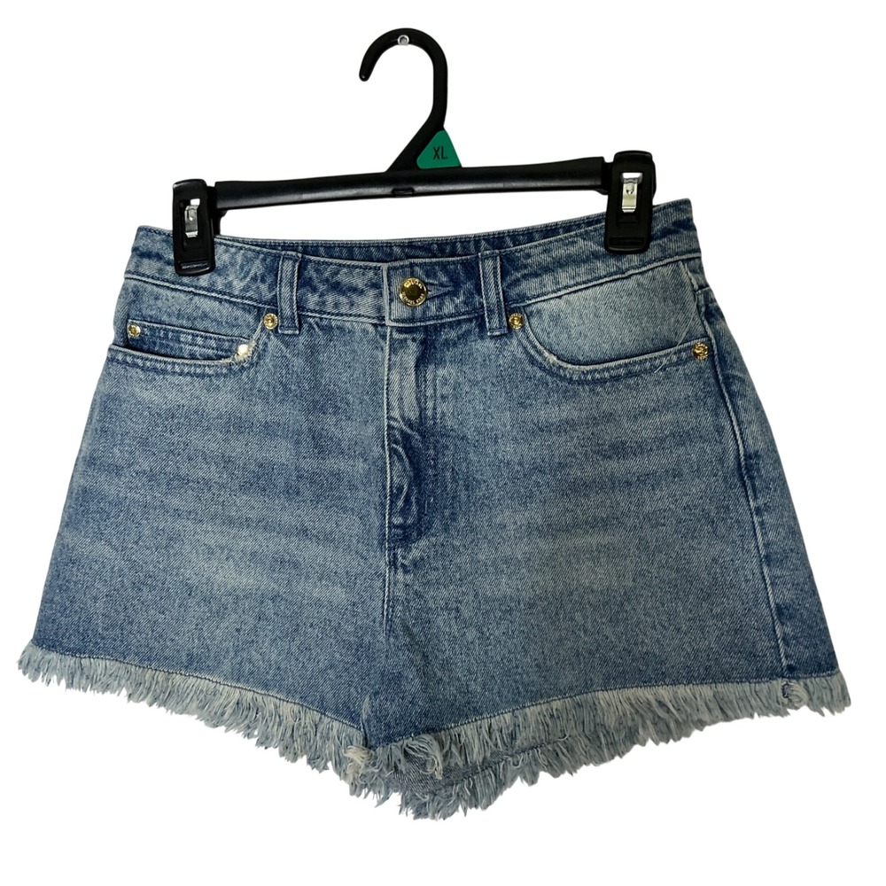 Michael Kors Womens Denim Shorts Light Wash Frayed Raw Hem Gold Hardware Size 2